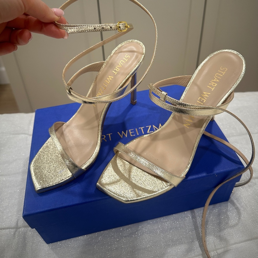 Stuart Weitzman gold strappy lace up heels